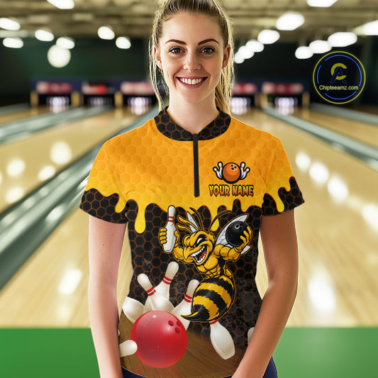 Custom Black and Yellow Honey Pattern Angry Bee Bowling Team Shirts For Women, Bowling League Shirts NQS11705