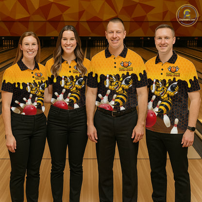 Custom Black and Yellow Honey Pattern Angry Bee Bowling Team Shirts For Women, Bowling League Shirts NQS11705