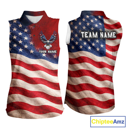 Custom American Flag Eagle Sleeveless Golf Polo Shirts For Women, patriotic Golf attire for ladies NQS11712