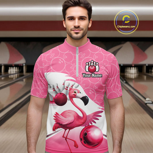 Funny Pink Flamingo Bowling Shirts for Men Custom Flamingo Team bowling jerseys, gift for bowlers NQS11715