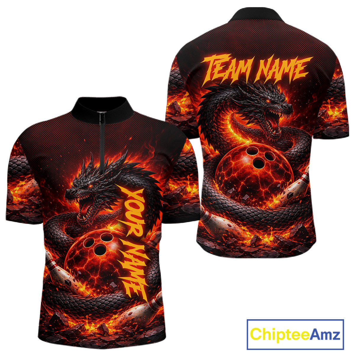 Custom Red Dragon Bowling Polo Shirts, Bowling 1/4 zip jersey For Men, Team Bowling League jerseys NQS11588