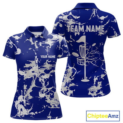 Blue and Gray Camo Disc Golf basket Women Disc golf polo shirts Custom team disc golf jerseys NQS10797