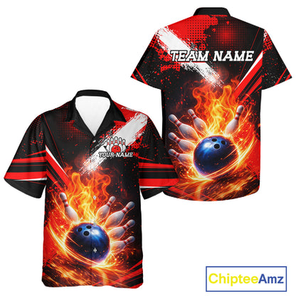 Custom Black and Red Flame Bowling Jersey Bowling Hawaiian Shirts, Team bowling outfit NQS11595