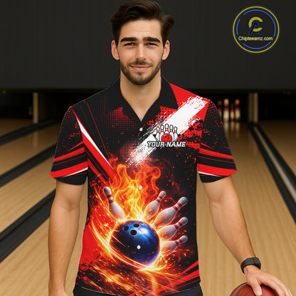 Custom Black and Red Flame Bowling Jersey Bowling Hawaiian Shirts, Team bowling outfit NQS11595