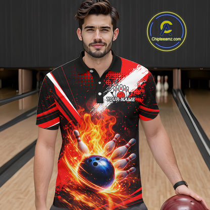 Custom Black and Red Flame Bowling Jersey Bowling Polo, 1/4 Zip Shirts for Men, Team bowling outfit NQS11595