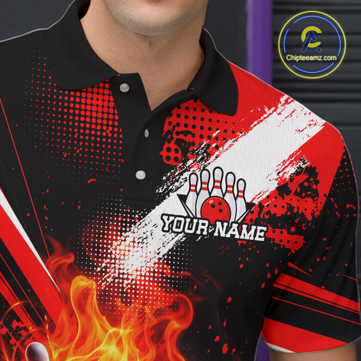 Custom Black and Red Flame Bowling Jersey Bowling Polo, 1/4 Zip Shirts for Men, Team bowling outfit NQS11595