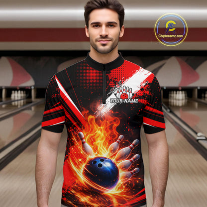 Custom Black and Red Flame Bowling Jersey Bowling Polo, 1/4 Zip Shirts for Men, Team bowling outfit NQS11595