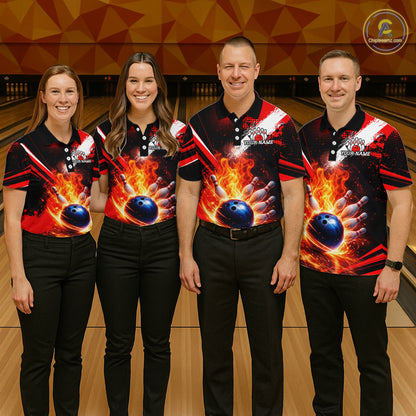 Custom Black and Red Flame Bowling Jersey Bowling Polo, 1/4 Zip Shirts for Women, Team bowling outfit NQS11595