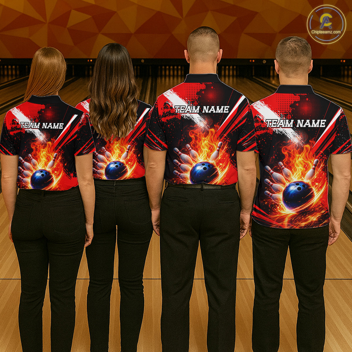 Custom Black and Red Flame Bowling Jersey Bowling Polo, 1/4 Zip Shirts for Women, Team bowling outfit NQS11595