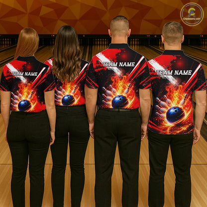 Custom Black and Red Flame Bowling Jersey Bowling Polo, 1/4 Zip Shirts for Women, Team bowling outfit NQS11595