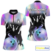 Load image into Gallery viewer, Bowling Polo Shirts For Women, 1/4 zip shirts Custom hologram Bowling Team Shirts Bowler Outfit NQS11385