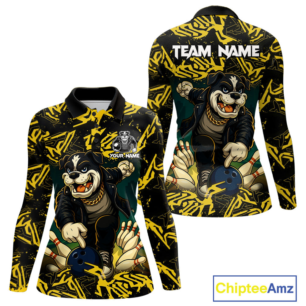 Load image into Gallery viewer, Black and Yellow Camo Funny Bulldog Bowling Shirts For Women Custom Cool Bowling Outfits Team Jerseys NQS11215