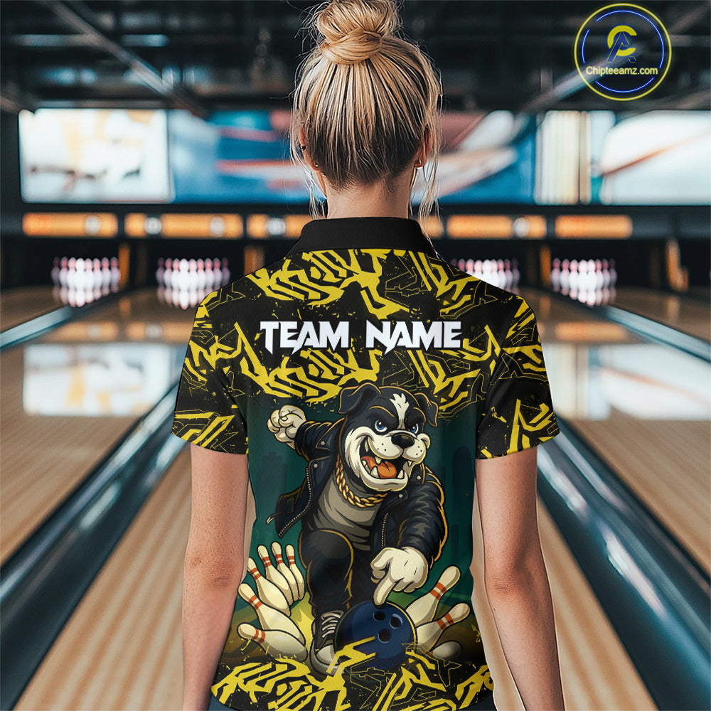 Load image into Gallery viewer, Black and Yellow Camo Funny Bulldog Bowling Shirts For Women Custom Cool Bowling Outfits Team Jerseys NQS11215