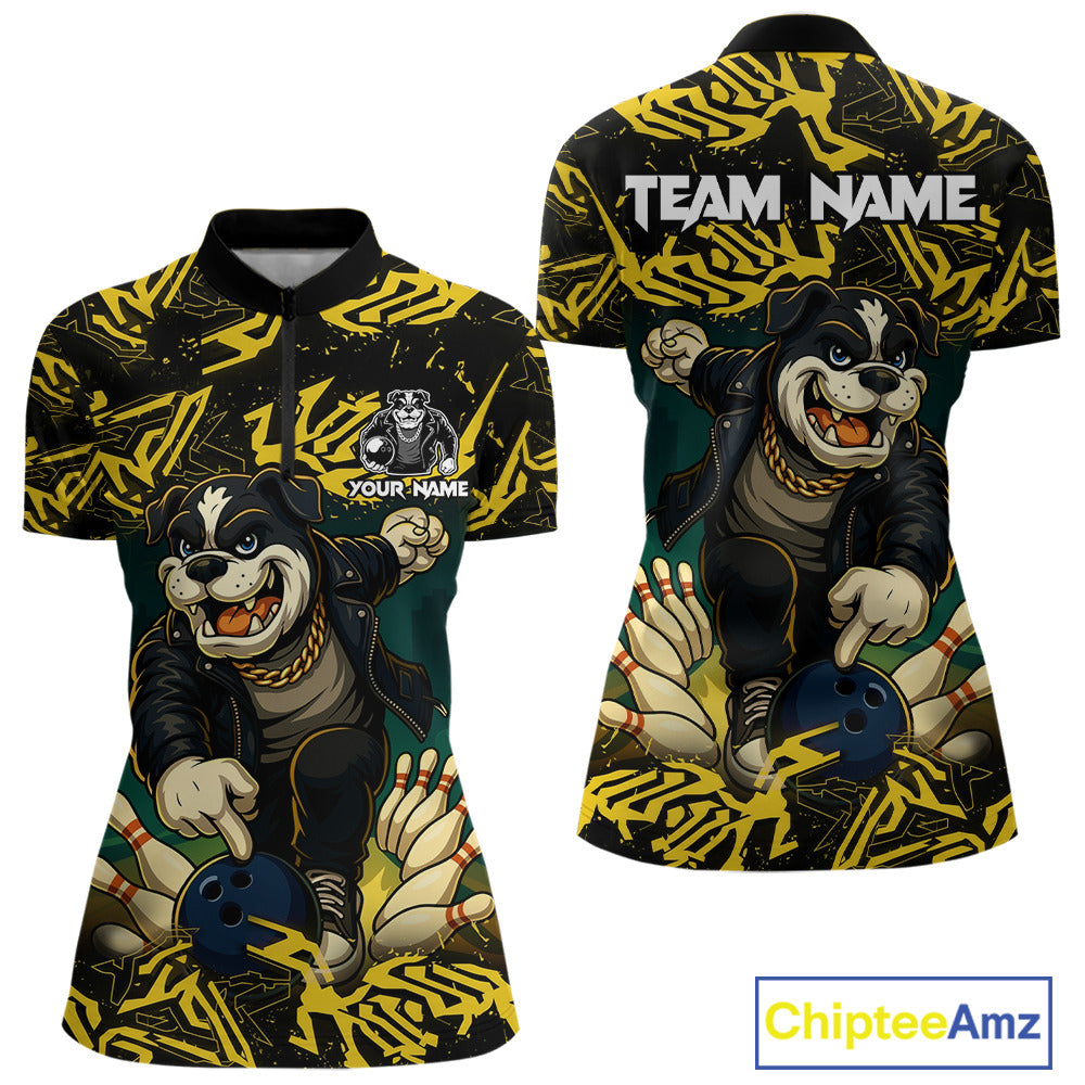 Load image into Gallery viewer, Black and Yellow Camo Funny Bulldog Bowling Shirts For Women Custom Cool Bowling Outfits Team Jerseys NQS11215