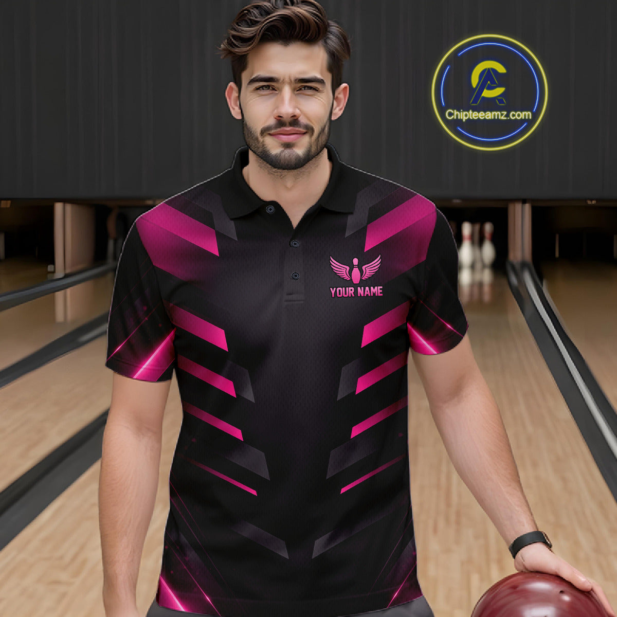 Black and Pink Bowling Polo, Quarter Zip Shirts For Men Custom Team Bowling Jersey, Gift For Bowlers NQS11633