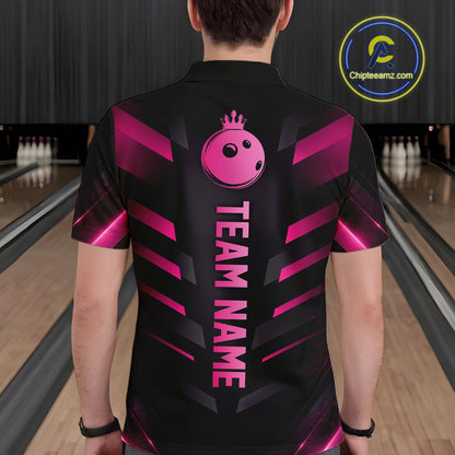 Black and Pink Bowling Polo, Quarter Zip Shirts For Men Custom Team Bowling Jersey, Gift For Bowlers NQS11633
