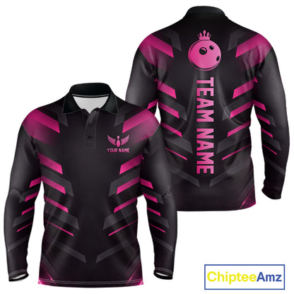 Black and Pink Bowling Polo, Quarter Zip Shirts For Men Custom Team Bowling Jersey, Gift For Bowlers NQS11633