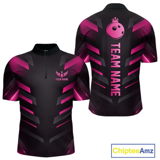Black and Pink Bowling Polo, Quarter Zip Shirts For Men Custom Team Bowling Jersey, Gift For Bowlers NQS11633
