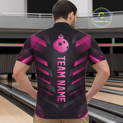 Black and Pink Bowling Polo, Quarter Zip Shirts For Men Custom Team Bowling Jersey, Gift For Bowlers NQS11633
