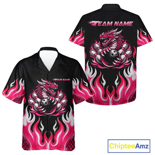 Black and Pink Flame Dragon Bowling Button-up Shirt Custom Dragon Bowling Team Jerseys NQS11733