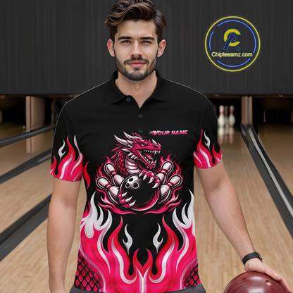 Black and Pink Flame Dragon Bowling Polo, 1/4 Zip Shirts For Men Custom Dragon Bowling Team Jerseys NQS11733