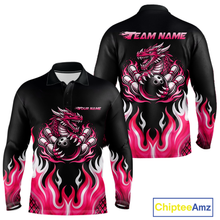 Load image into Gallery viewer, Black and Pink Flame Dragon Bowling Polo, 1/4 Zip Shirts For Men Custom Dragon Bowling Team Jerseys NQS11733