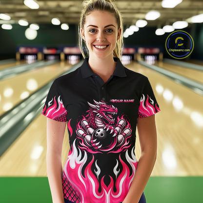 Black and Pink Flame Dragon Bowling Polo, 1/4 Zip Shirts For Women Custom Dragon Bowling Team Jerseys NQS11733