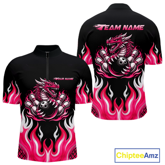 Black and Pink Flame Dragon Bowling Polo, 1/4 Zip Shirts For Men Custom Dragon Bowling Team Jerseys NQS11733
