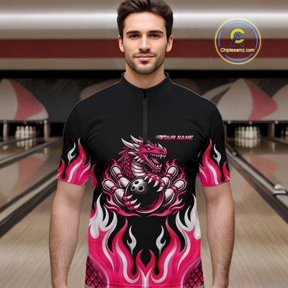 Black and Pink Flame Dragon Bowling Polo, 1/4 Zip Shirts For Men Custom Dragon Bowling Team Jerseys NQS11733