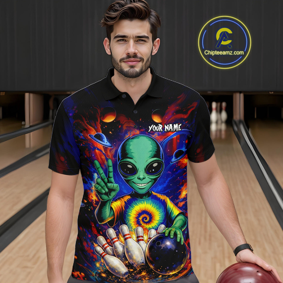 Funny Colorful Galaxy Alien Bowling Shirts For Men Custom Bowling Team Outfit, Gift For Bowler NQS11444