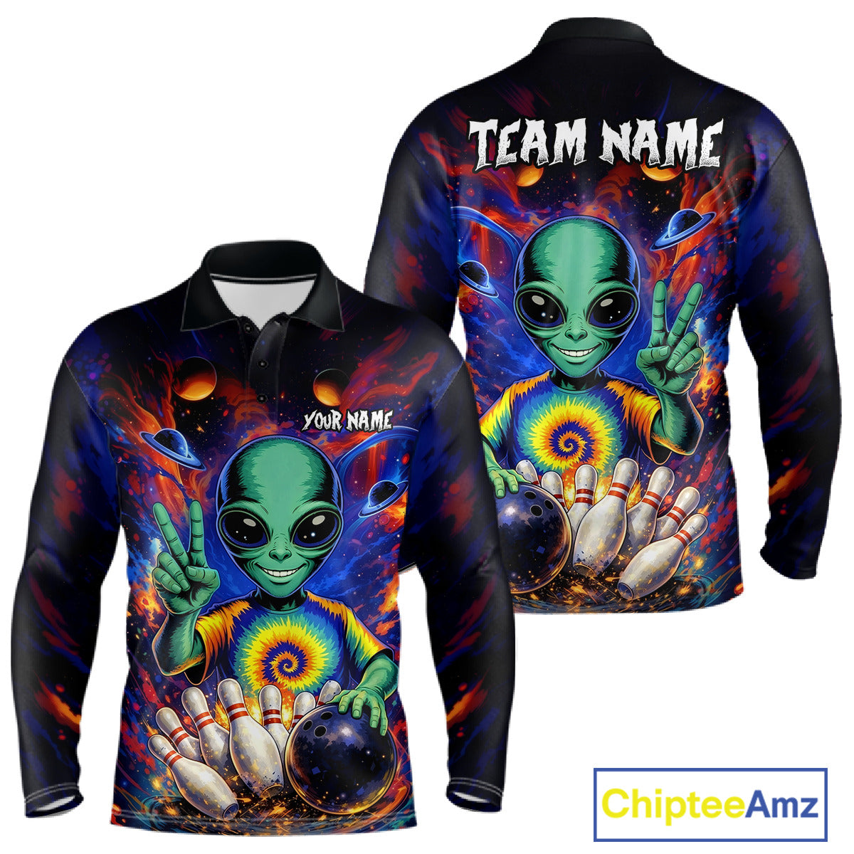 Funny Colorful Galaxy Alien Bowling Shirts For Men Custom Bowling Team Outfit, Gift For Bowler NQS11444