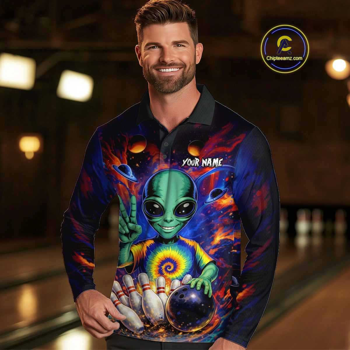 Funny Colorful Galaxy Alien Bowling Shirts For Men Custom Bowling Team Outfit, Gift For Bowler NQS11444