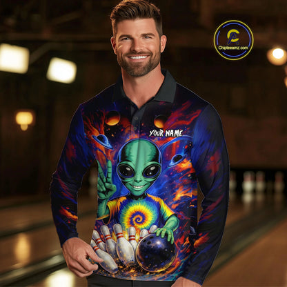 Funny Colorful Galaxy Alien Bowling Shirts For Men Custom Bowling Team Outfit, Gift For Bowler NQS11444