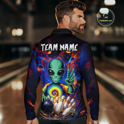 Funny Colorful Galaxy Alien Bowling Shirts For Men Custom Bowling Team Outfit, Gift For Bowler NQS11444