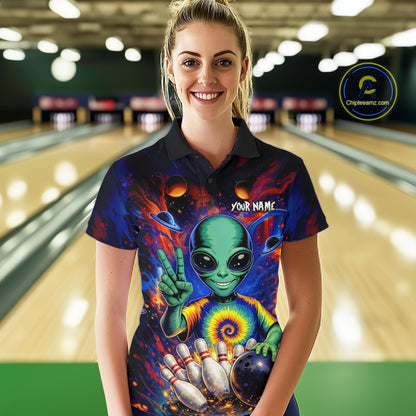 Funny Colorful Galaxy Alien Bowling Shirts For Women Custom Bowling Team Outfit, Gift For Bowler NQS11444