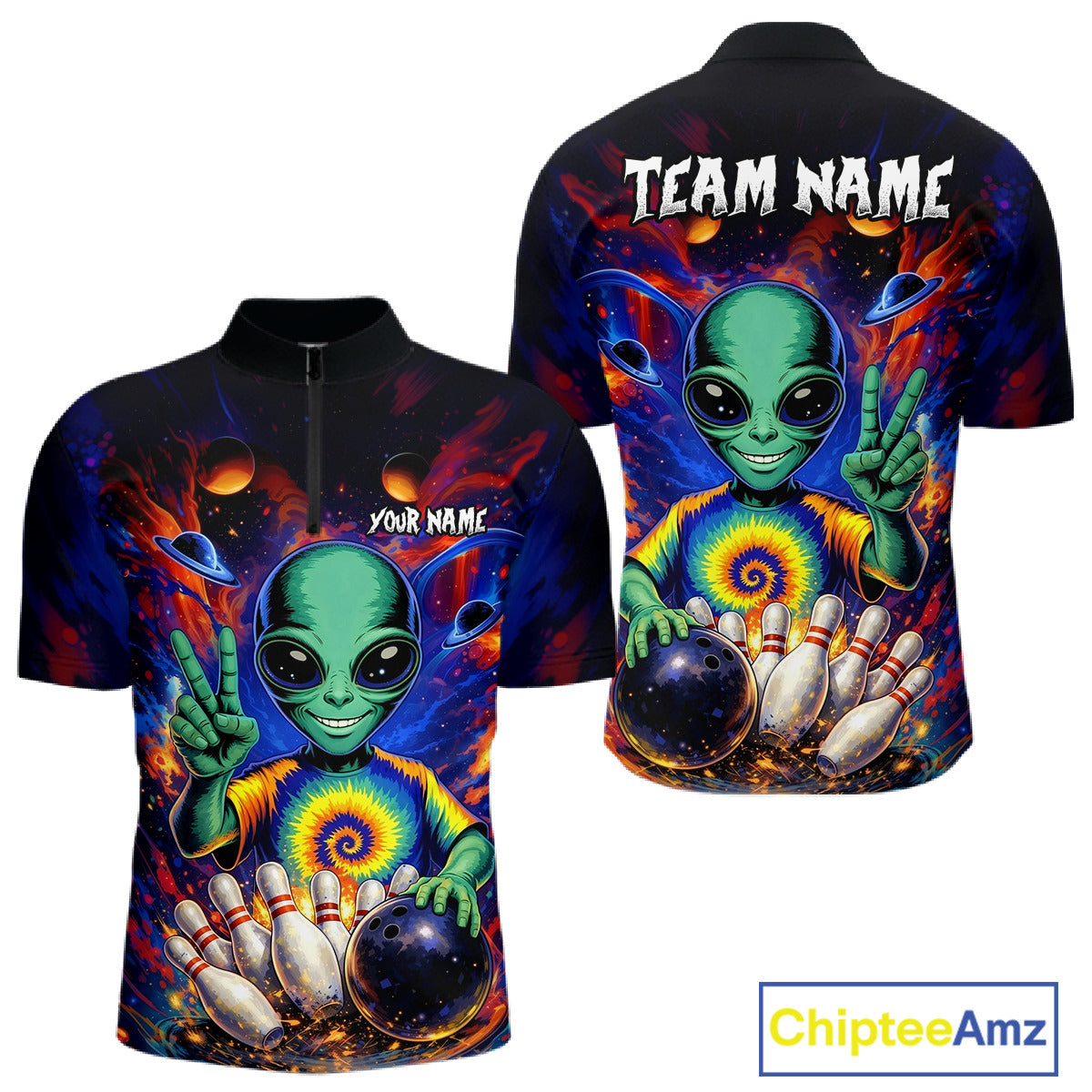Funny Colorful Galaxy Alien Bowling Shirts For Men Custom Bowling Team Outfit, Gift For Bowler NQS11444
