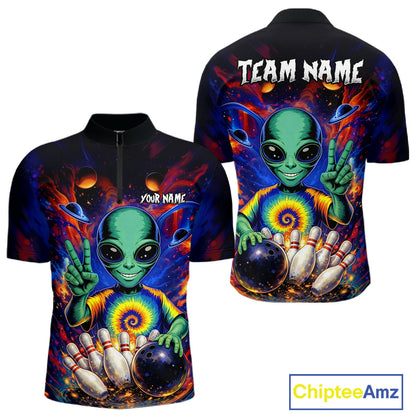 Funny Colorful Galaxy Alien Bowling Shirts For Men Custom Bowling Team Outfit, Gift For Bowler NQS11444