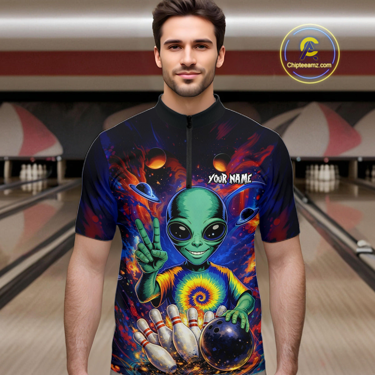 Funny Colorful Galaxy Alien Bowling Shirts For Men Custom Bowling Team Outfit, Gift For Bowler NQS11444