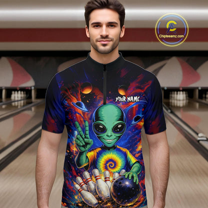 Funny Colorful Galaxy Alien Bowling Shirts For Men Custom Bowling Team Outfit, Gift For Bowler NQS11444