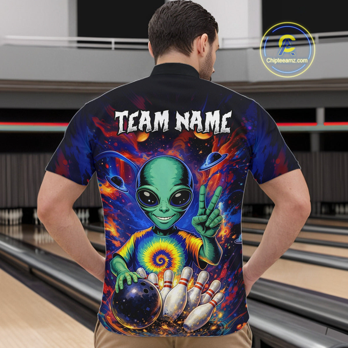 Funny Colorful Galaxy Alien Bowling Shirts For Men Custom Bowling Team Outfit, Gift For Bowler NQS11444