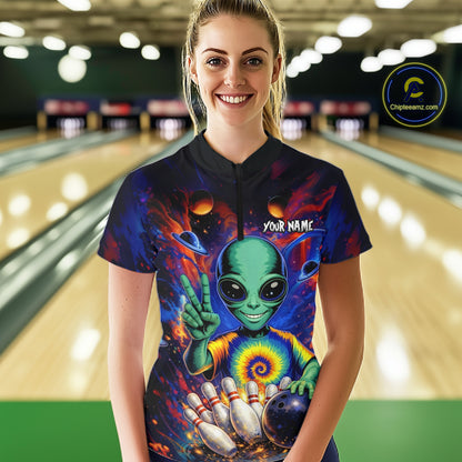 Funny Colorful Galaxy Alien Bowling Shirts For Women Custom Bowling Team Outfit, Gift For Bowler NQS11444