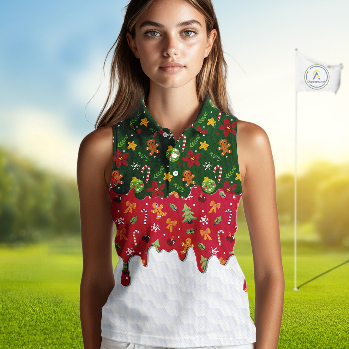 Funny Christmas pattern Sleeveless Golf Polo Shirt, Christmas golf gifts ladies golf outfit NQS10866