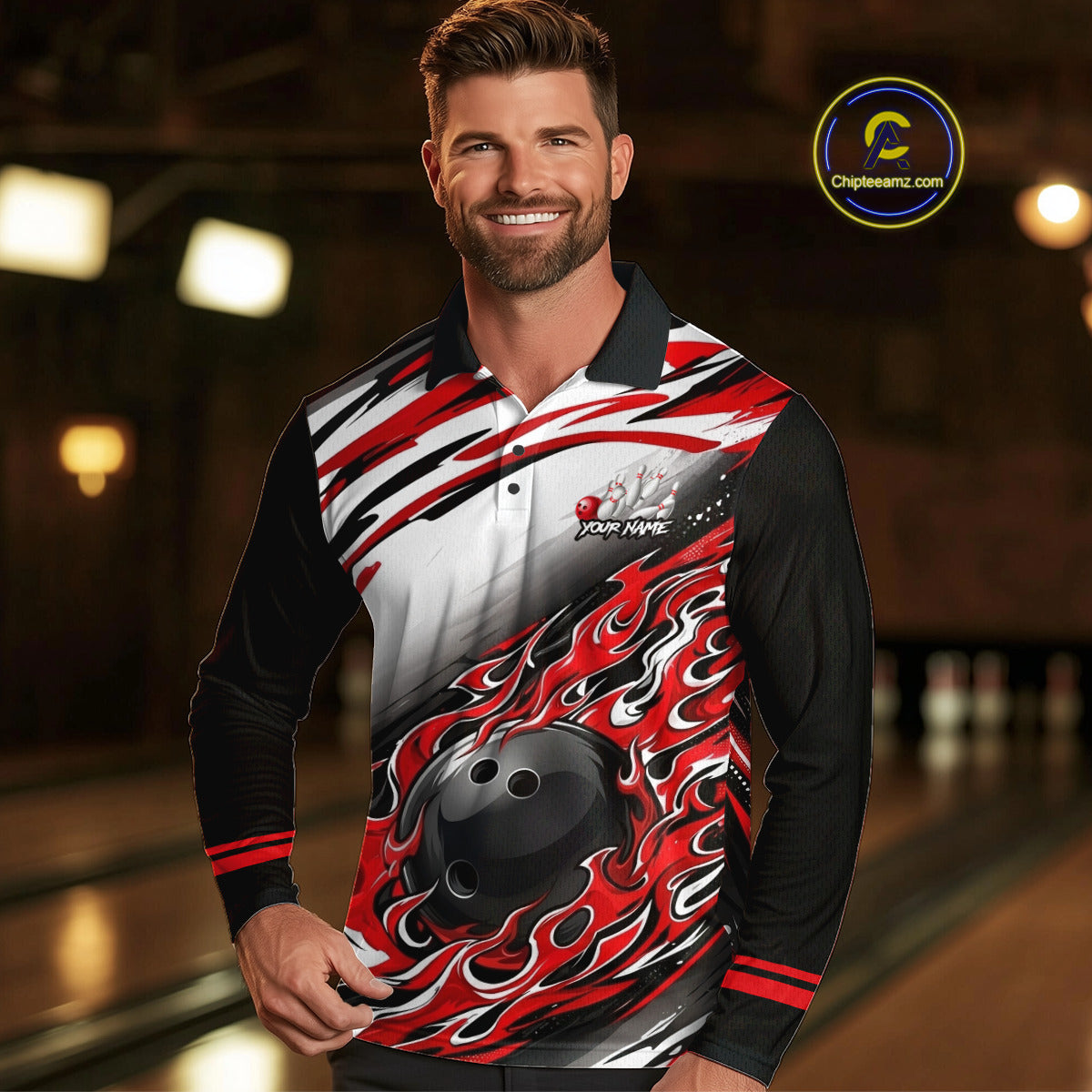 Red Flame Bowling Polo, Quarter Zip Shirts For Men Custom Bowling Team Jerseys, Gift For Bowlers NQS11738