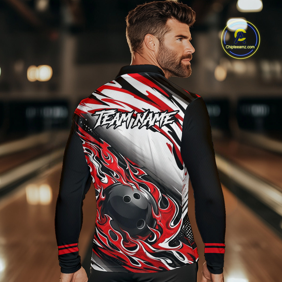 Red Flame Bowling Polo, Quarter Zip Shirts For Men Custom Bowling Team Jerseys, Gift For Bowlers NQS11738