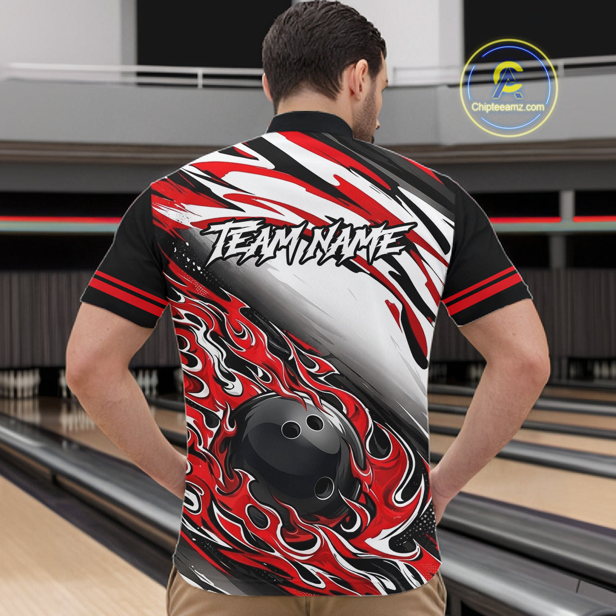 Red Flame Bowling Polo, Quarter Zip Shirts For Men Custom Bowling Team Jerseys, Gift For Bowlers NQS11738