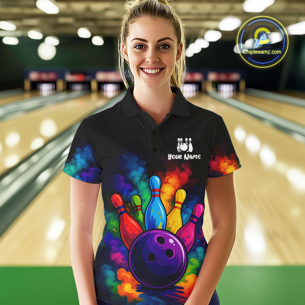 Custom Colorful Smoke Bowling Polo, Quarter Zip Shirt for Women, Bowling Uniform Team Bowling Jerseys NQS10647