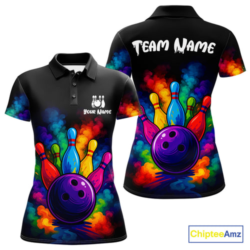 Custom Colorful Smoke Bowling Polo, Quarter Zip Shirt for Women, Bowling Uniform Team Bowling Jerseys NQS10647