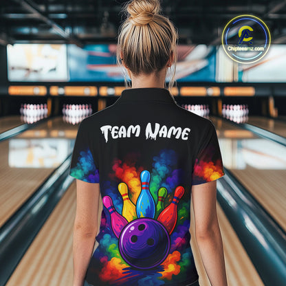 Custom Colorful Smoke Bowling Polo, Quarter Zip Shirt for Women, Bowling Uniform Team Bowling Jerseys NQS10647