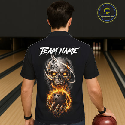 Flame Skull Reaper Bowling Hawaiian Shirt Custom Bowling Team Button-up Shirt | Black NQS11745