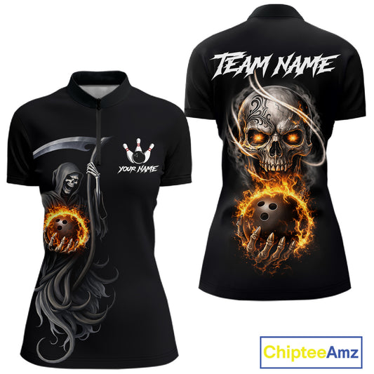 Flame Skull Reaper Bowling Polo, Quarter Zip Shirts For Women Custom Bowling Team Jerseys | Black NQS11745